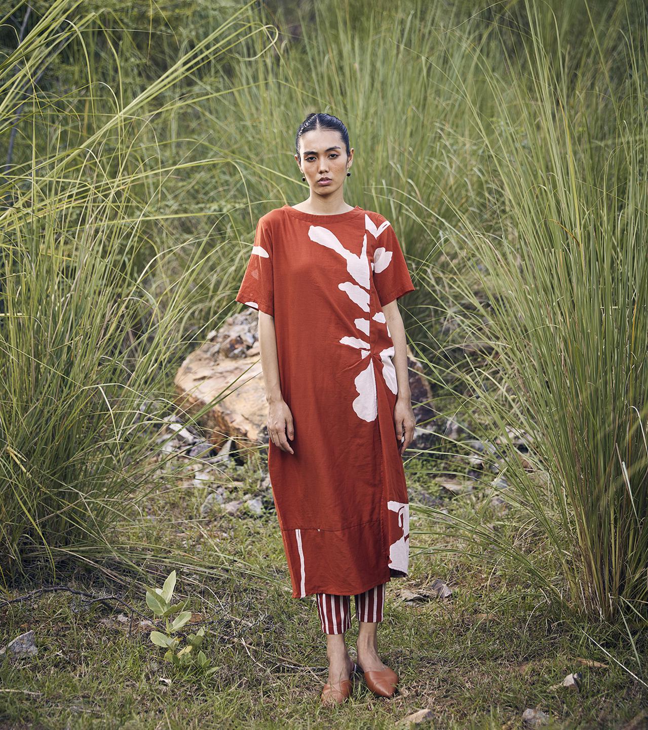 brick-red-white-tunic-dress-and-trouser-co-ord-set-11940051RD, Women Clothing, Cotton Matching Set