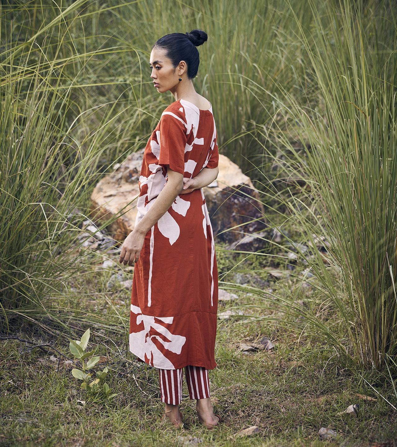 brick-red-white-tunic-dress-and-trouser-co-ord-set-11940051RD, Women Clothing, Cotton Matching Set
