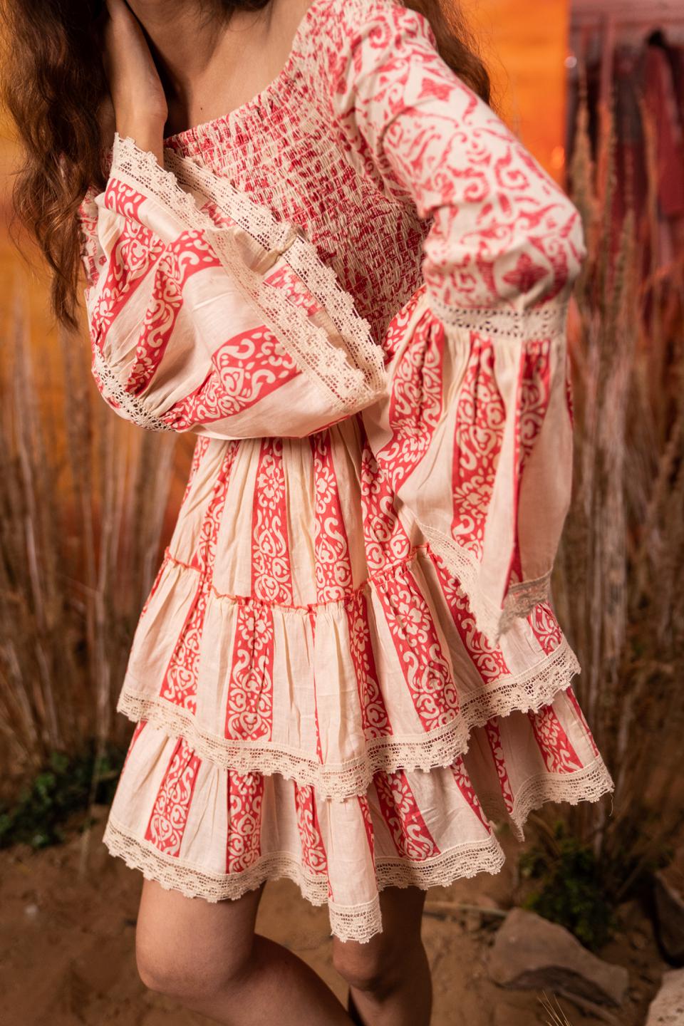 bright-pink-smocked-lace-dress-11804011PK, Women Clothing, Cotton Dress
