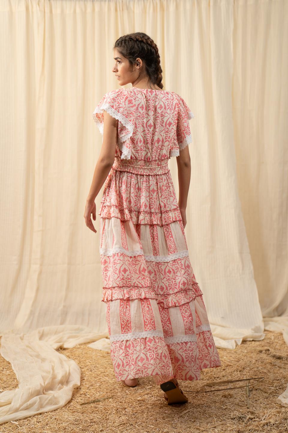 bright-pink-tiered-printed-maxi-11804027PK, Women Clothing, Cotton Dress