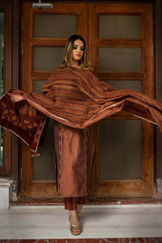 brown-cotton-silk-hand-block-print-suit-set-11403005BR, Women Indian Ethnic Clothing, Cotton Silk Kurta Set Dupatta