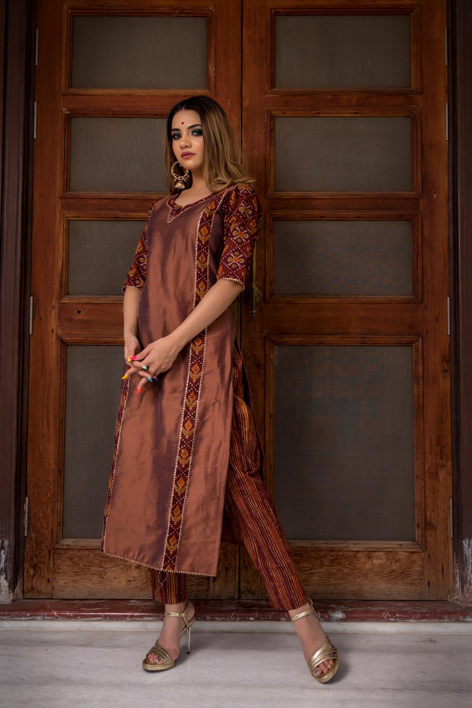 brown-cotton-silk-hand-block-print-suit-set-11403005BR, Women Indian Ethnic Clothing, Cotton Silk Kurta Set Dupatta