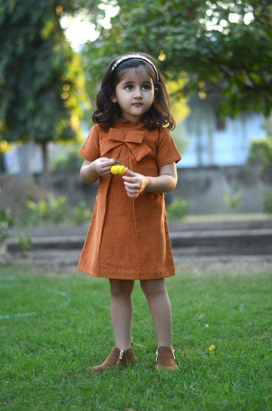 brown-dress-with-cute-bow-10510032OR, Kids Clothing, Corduroy Girl Dress