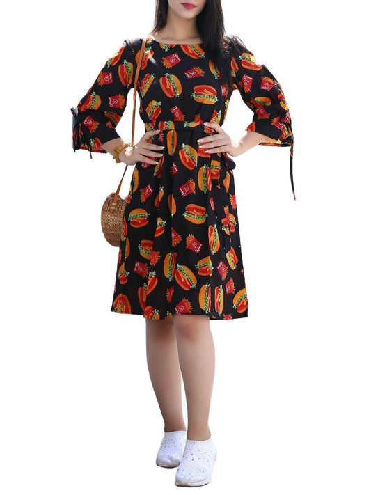 burger-print-dress-10904002BK, Women Clothing, Cotton Dress, Burger Multi Print Midi Dress