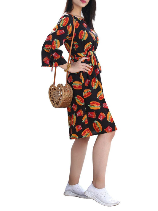 burger-print-dress-10904002BK, Women Clothing, Cotton Dress, Burger Multi Print Midi Dress
