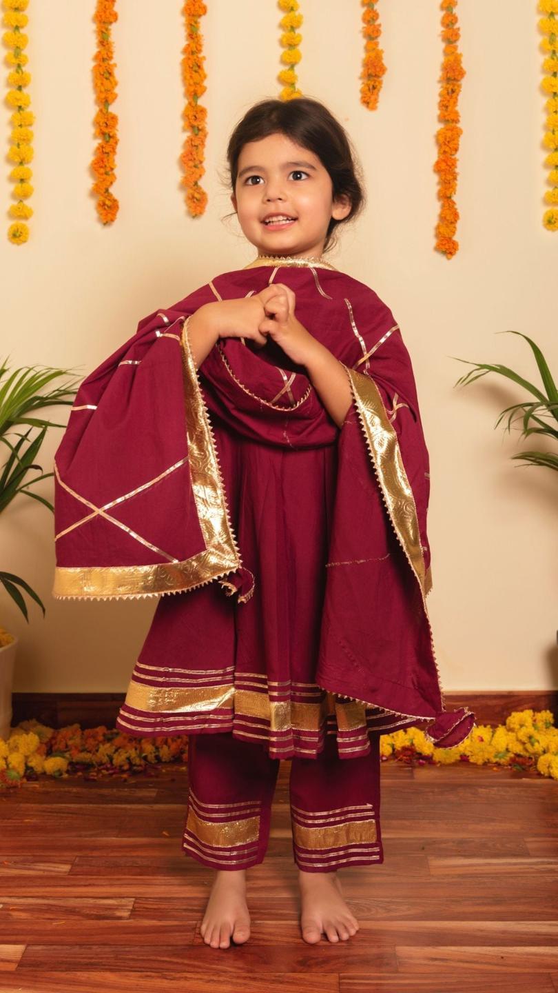 burgundy-anarkali-set-11434013MR, Kids Indian Ethnic Clothing, Cotton Girl Kurta Set