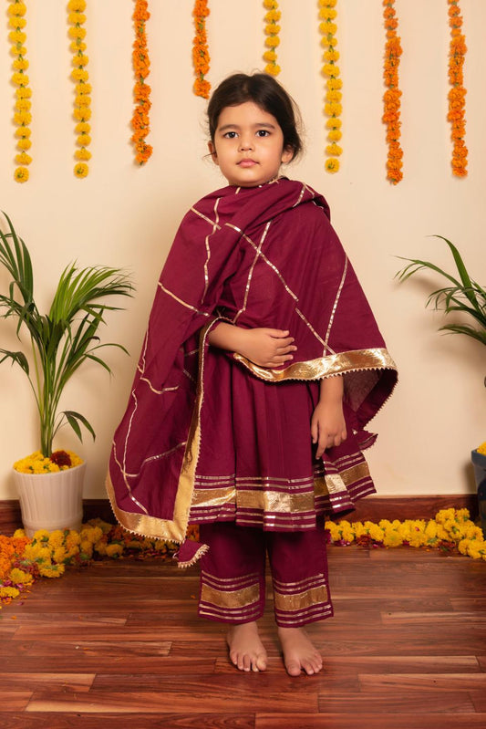 burgundy-anarkali-set-11434013MR, Kids Indian Ethnic Clothing, Cotton Girl Kurta Set