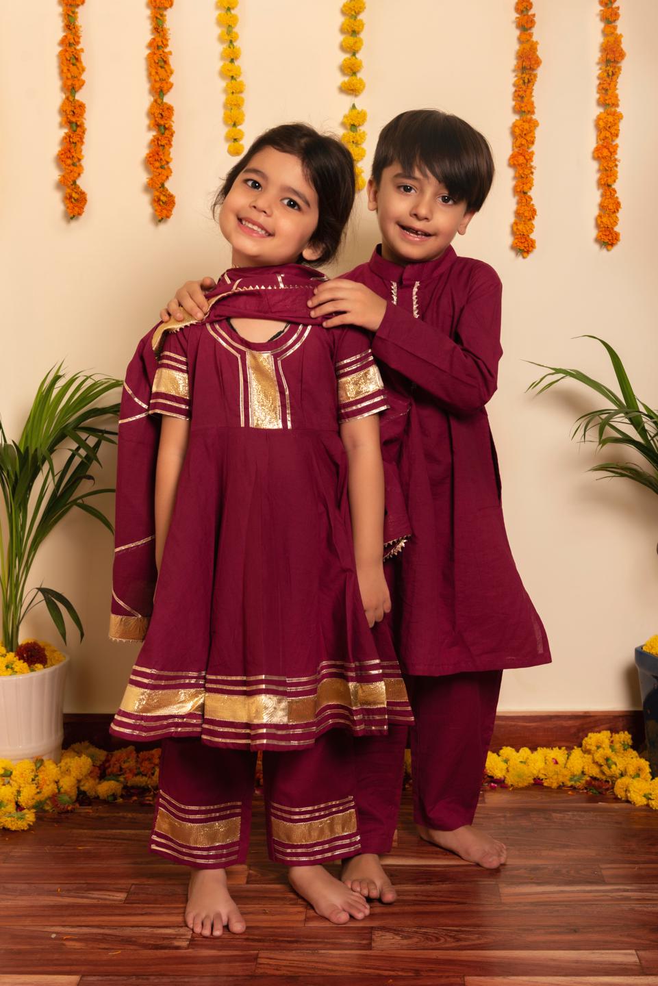 burgundy-anarkali-set-11434013MR, Kids Indian Ethnic Clothing, Cotton Girl Kurta Set