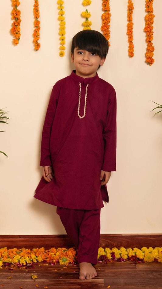 burgundy-kurta-pant-set-11420014MR, Kids Indian Ethnic Clothing, Cotton Boy Kurta Pajama Set
