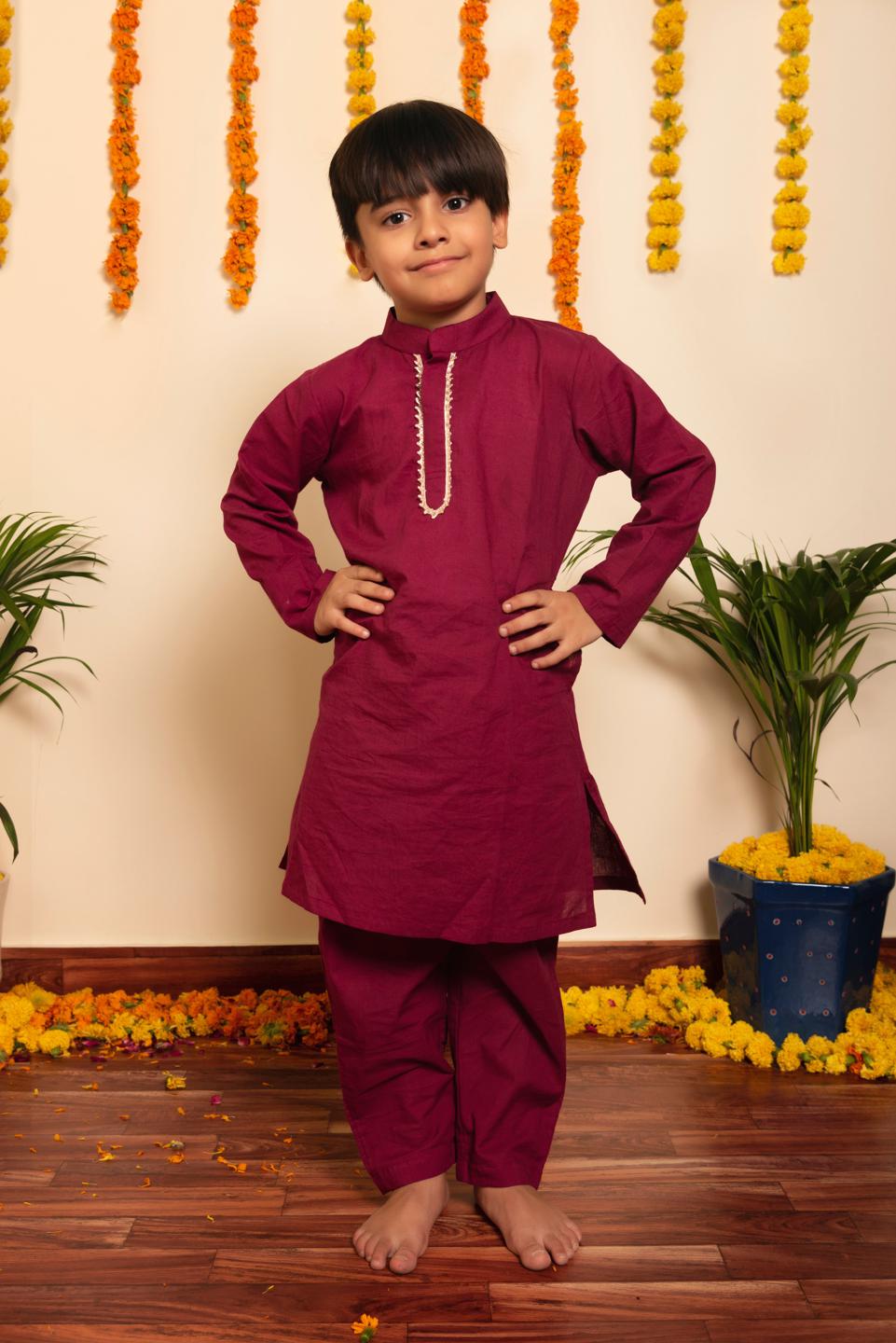 burgundy-kurta-pant-set-11420014MR, Kids Indian Ethnic Clothing, Cotton Boy Kurta Pajama Set