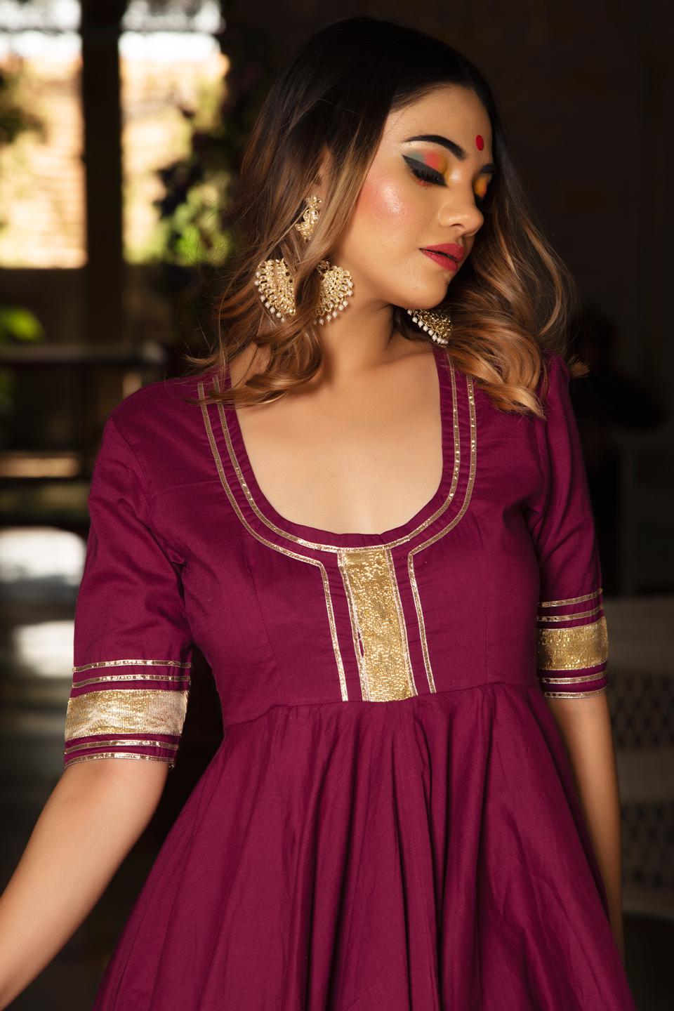 burgundy-pure-cotton-anarkali-set-11403205MR, Women Indian Ethnic Clothing, Cotton Kurta Set Dupatta