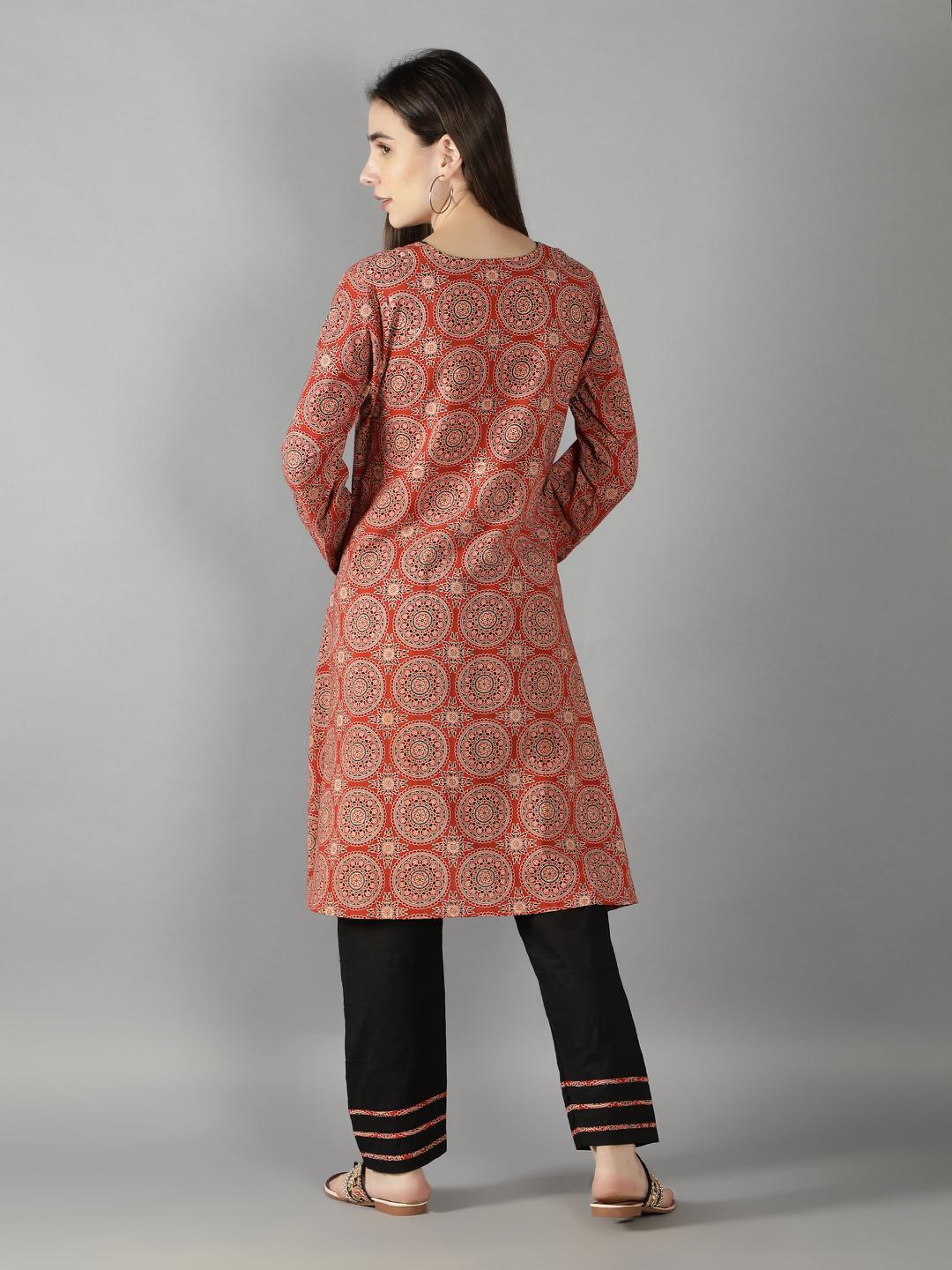 burnt-orange-ajrak-neck-detailing-kurta-with-black-beauty-pant-set-11702129OR, Women Indian Ethnic Clothing, Cotton Kurta Set