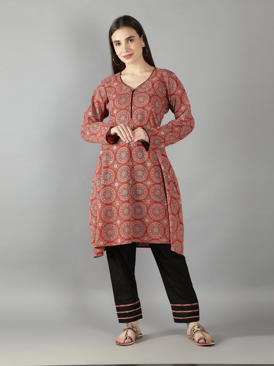 burnt-orange-ajrak-neck-detailing-kurta-with-black-beauty-pant-set-11702129OR, Women Indian Ethnic Clothing, Cotton Kurta Set