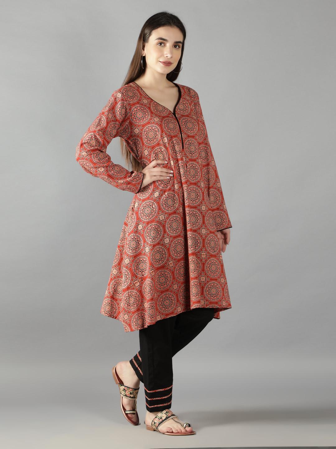 Ajrak Kurta Pants Set - Maroon