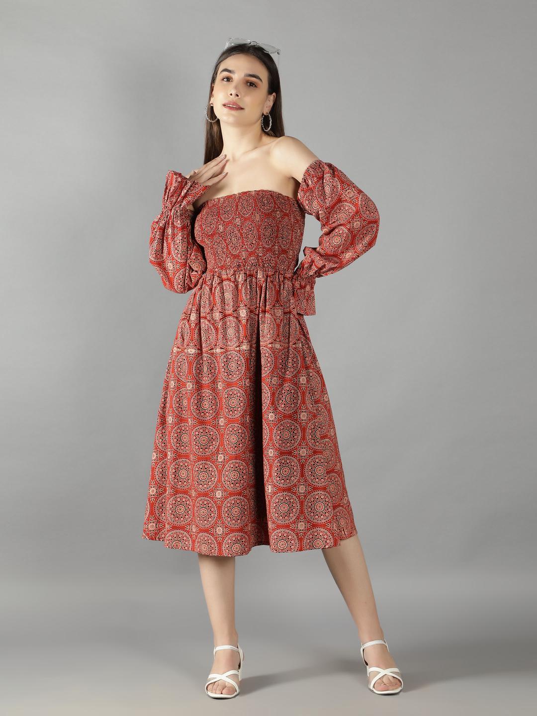 burnt-orange-ajrak-print-off-shoulder-smoke-dress-11704124OR, Women Clothing, Cotton Dress