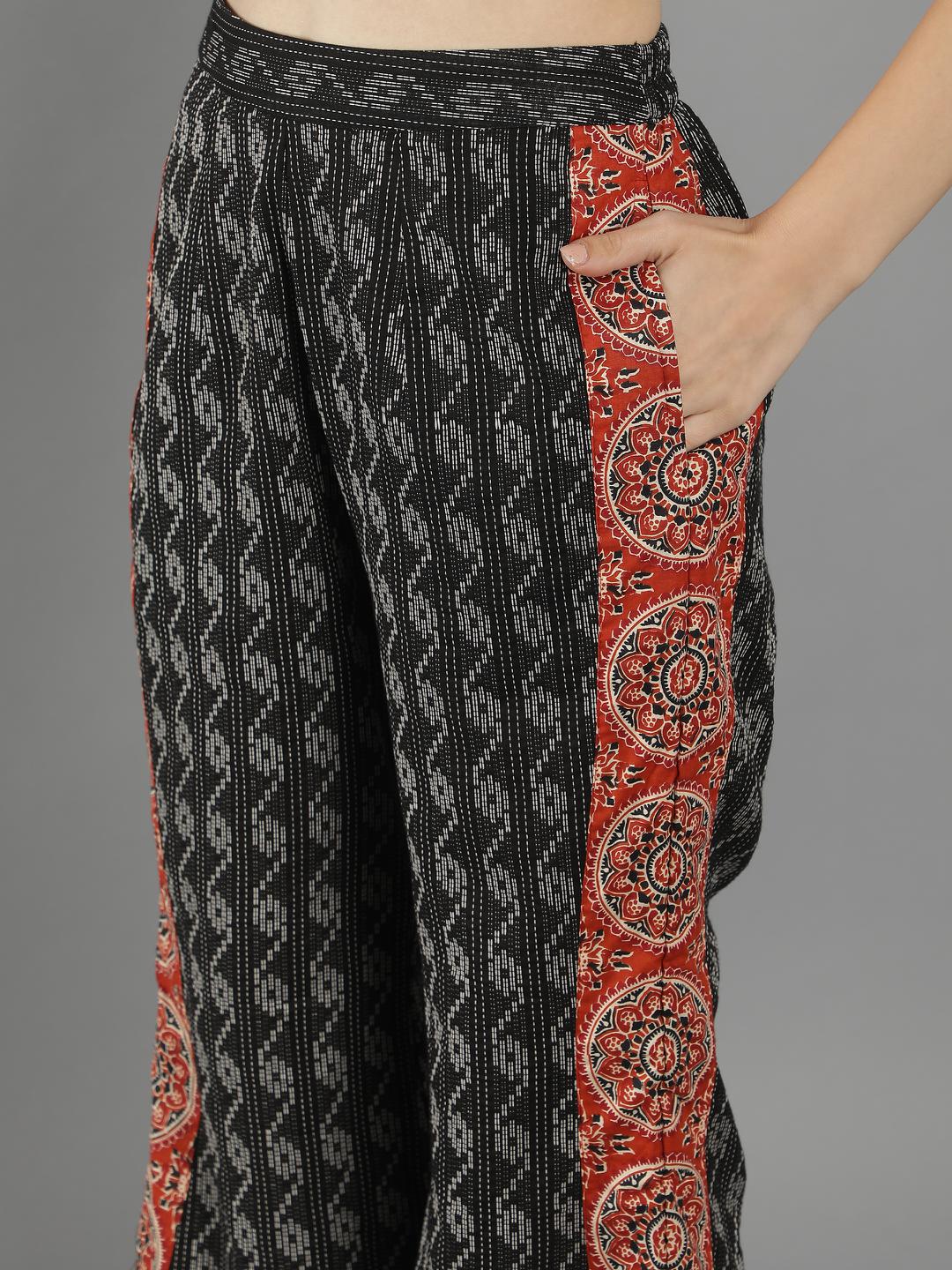 burnt-orange-ajrakh-top-with-black-kantha-shoulder-tie-up-top-and-pant-11740104BK, Women Clothing, Cotton Matching Set