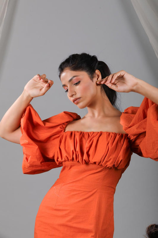 burnt-orange-puff-front-shift-dress-with-side-slit-11704077OR, Women Clothing, Cotton Dress