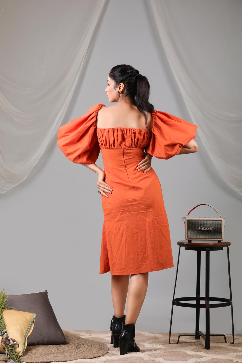burnt-orange-puff-front-shift-dress-with-side-slit-11704077OR, Women Clothing, Cotton Dress