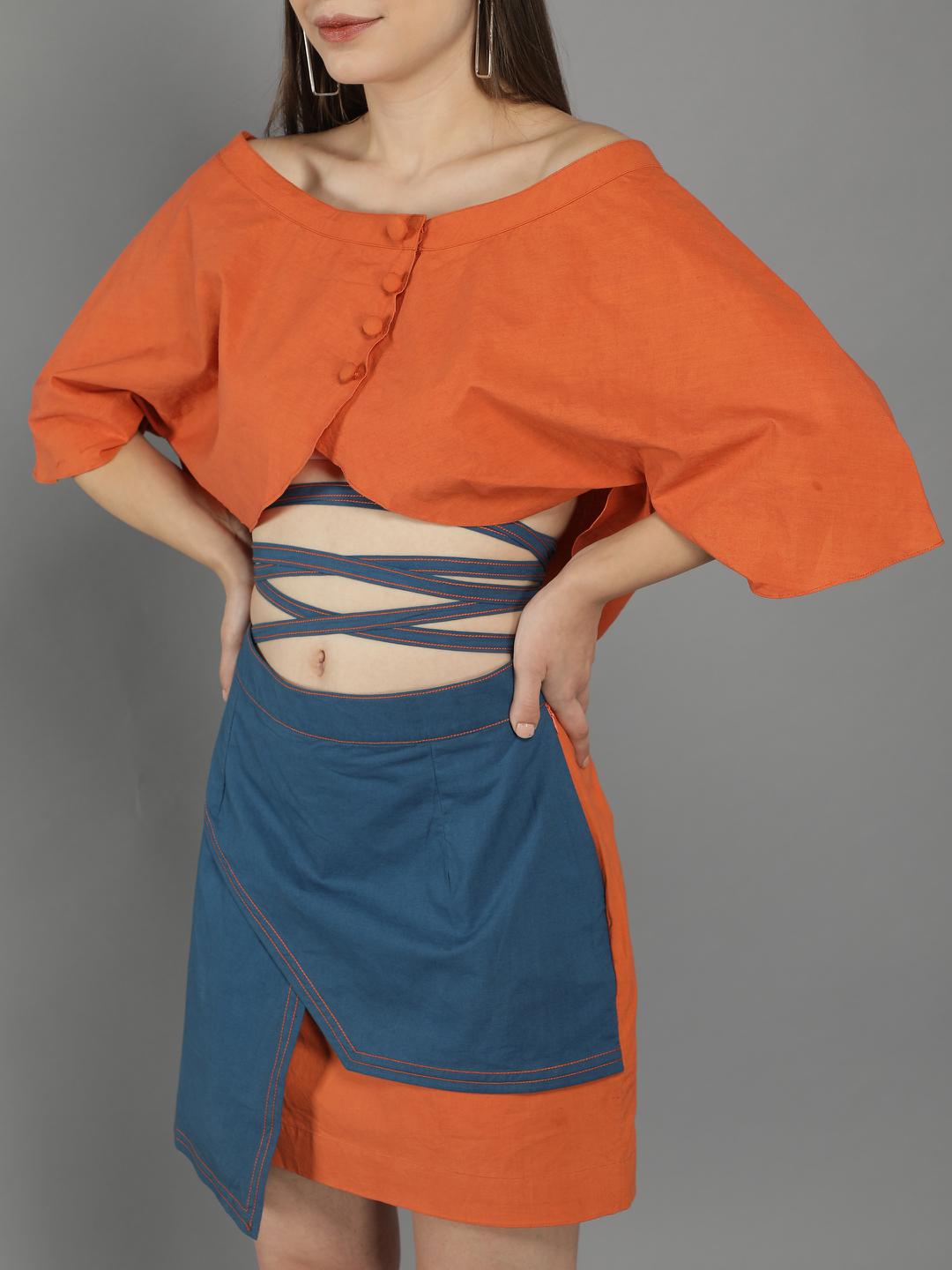 burnt-orange-shrug-blouse-with-short-flap-skirt-11740075BL, Women Clothing, Cotton Matching Set