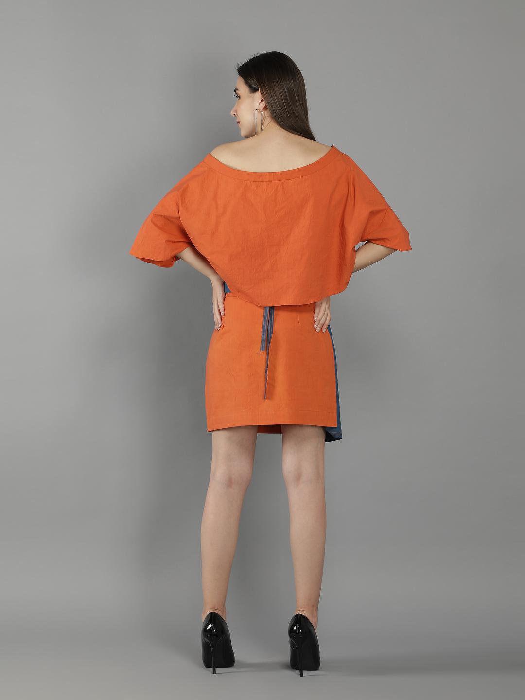 burnt-orange-shrug-blouse-with-short-flap-skirt-11740075BL, Women Clothing, Cotton Matching Set