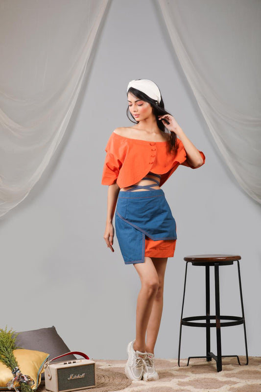 burnt-orange-shrug-blouse-with-short-flap-skirt-11740075BL, Women Clothing, Cotton Matching Set