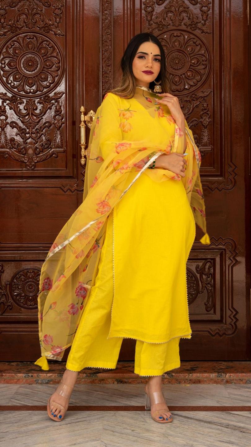 buttercup-yellow-suit-set-11403218YL, Women Indian Ethnic Clothing, Cotton Kurta Set Dupatta