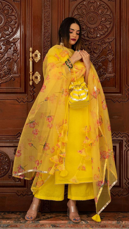 buttercup-yellow-suit-set-11403218YL, Women Indian Ethnic Clothing, Cotton Kurta Set Dupatta