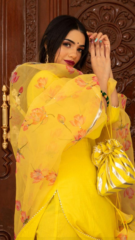 buttercup-yellow-suit-set-11403218YL, Women Indian Ethnic Clothing, Cotton Kurta Set Dupatta