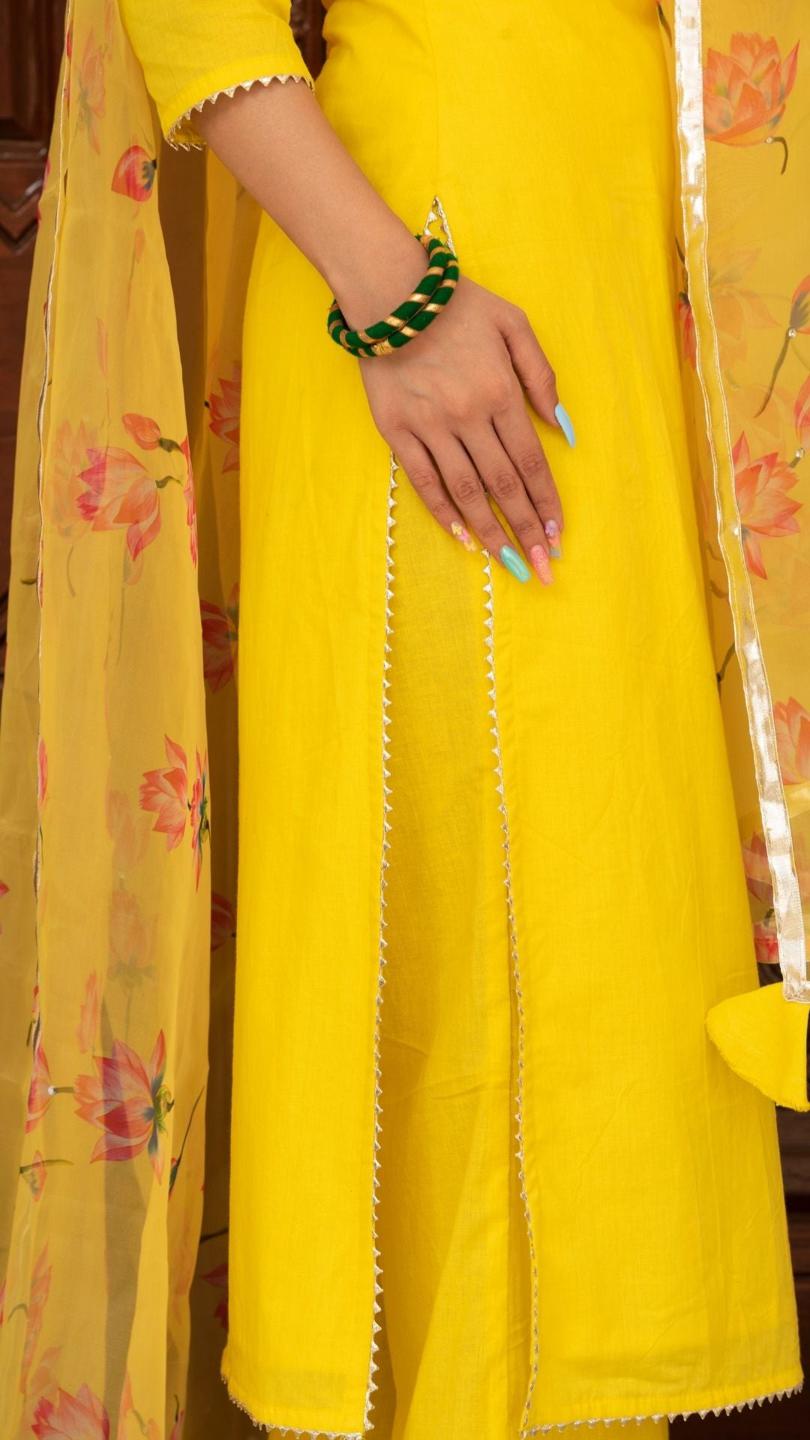 buttercup-yellow-suit-set-11403218YL, Women Indian Ethnic Clothing, Cotton Kurta Set Dupatta