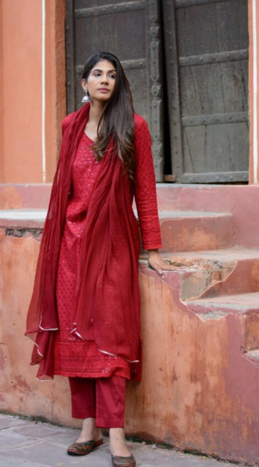 camrine-red-chikankari-suit-11603022RD, Women Indian Ethnic Clothing, Chikankari Kurta Set Dupatta