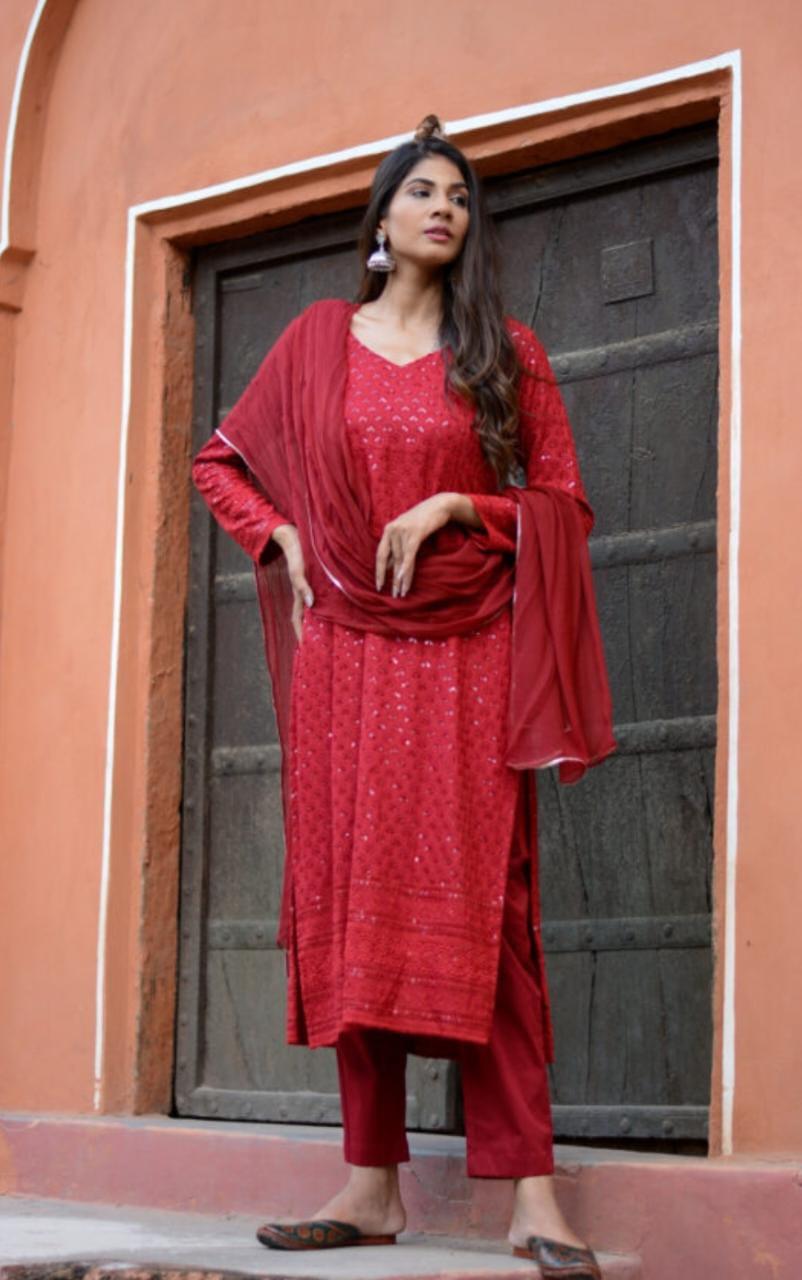 camrine-red-chikankari-suit-11603022RD, Women Indian Ethnic Clothing, Chikankari Kurta Set Dupatta