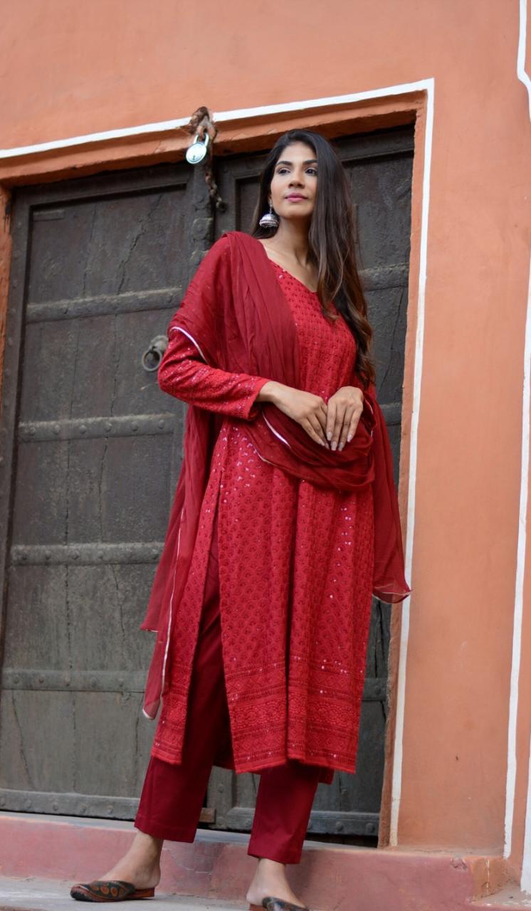 Buy Red Chikankari Suit Set Online | Best Cotton Suit Set for Women – Kaajh