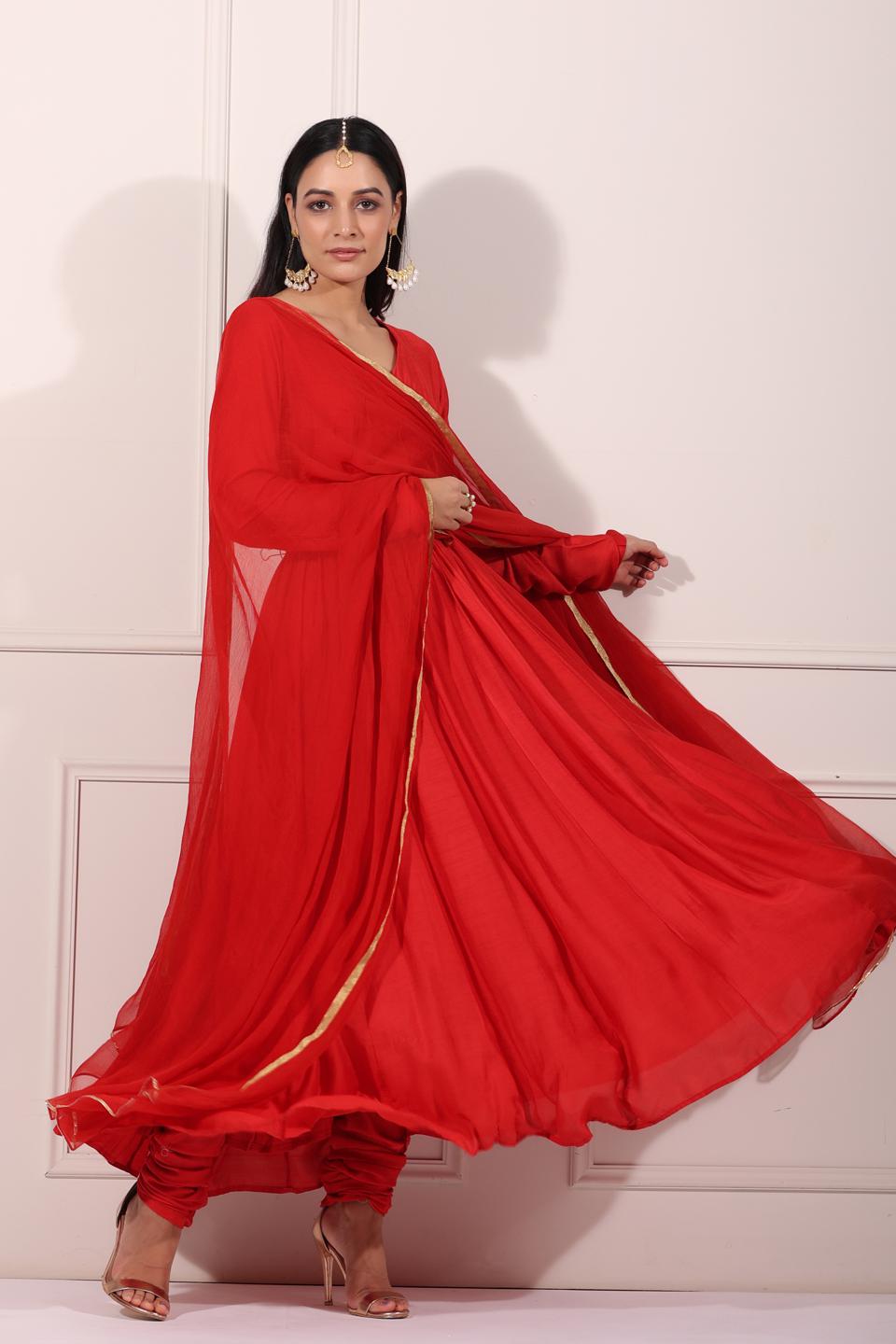 carmine-red-angrakha-anarkali-suit-11603012RD, Women Indian Ethnic Clothing, Silk Kurta Set Dupatta