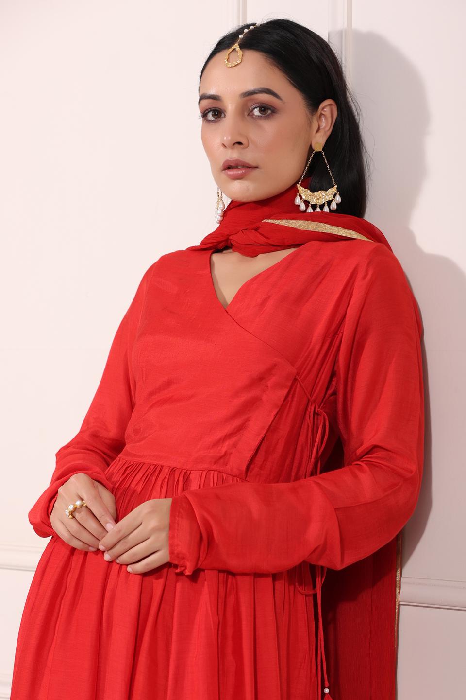 carmine-red-angrakha-anarkali-suit-11603012RD, Women Indian Ethnic Clothing, Silk Kurta Set Dupatta