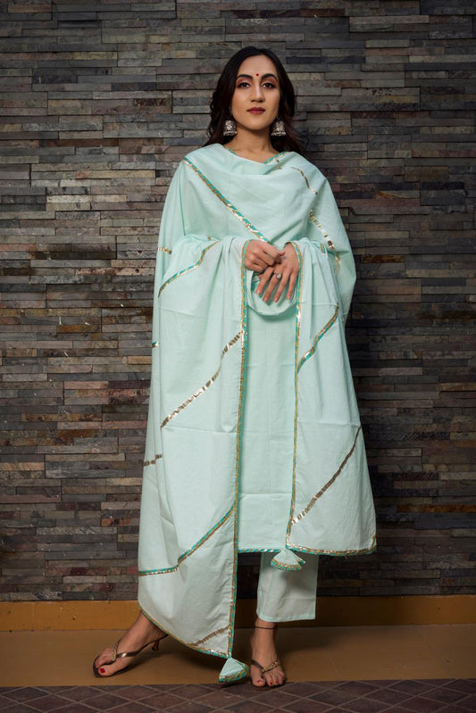 celeste-blue-pure-cotton-straight-kurta-11403189BL, Women Indian Ethnic Clothing, Cotton Kurta Set Dupatta