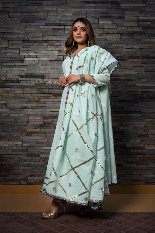celestial-blue-pure-cotton-anarkali-set-11403188BL, Women Indian Ethnic Clothing, Cotton Kurta Set Dupatta