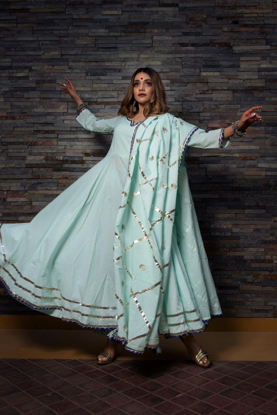 celestial-blue-pure-cotton-anarkali-set-11403188BL, Women Indian Ethnic Clothing, Cotton Kurta Set Dupatta