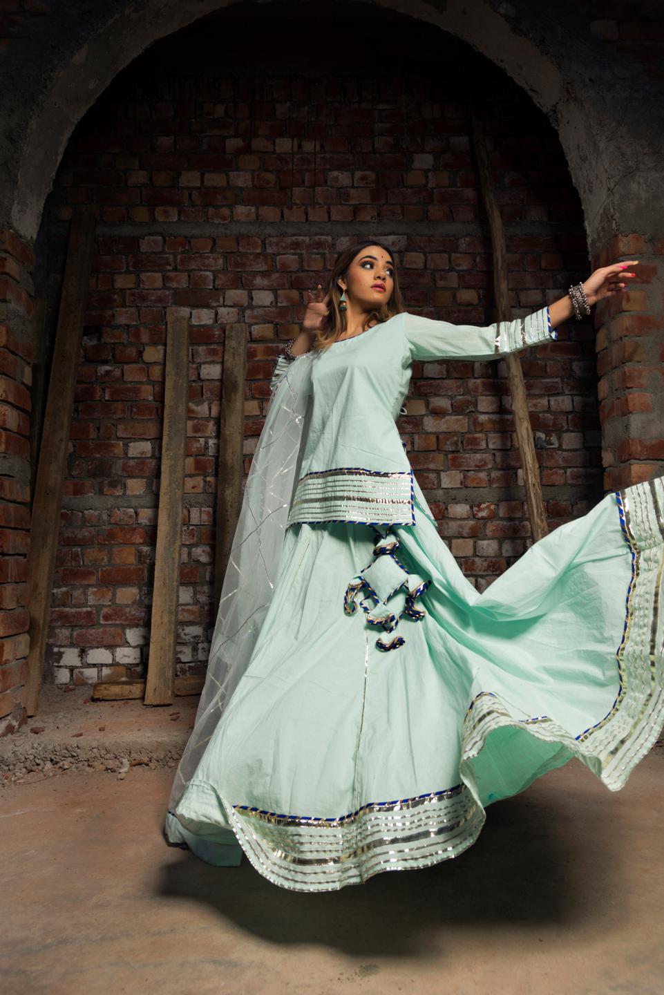 chakrika-aqua-blue-pure-cotton-kurta-skirt-set-11403198BL, Women Indian Ethnic Clothing, Cotton Kurta Set Dupatta