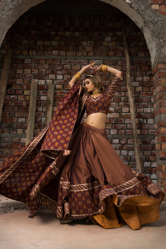chhaya-brown-gujarati-lehenga-set-11423199BR, Women Indian Ethnic Clothing, Cotton Silk Lehenga Choli