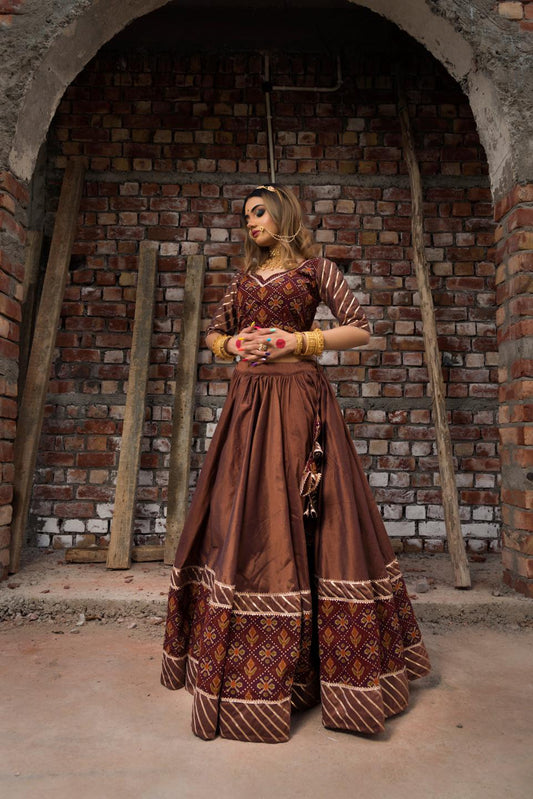 chhaya-brown-gujarati-lehenga-set-11423199BR, Women Indian Ethnic Clothing, Cotton Silk Lehenga Choli