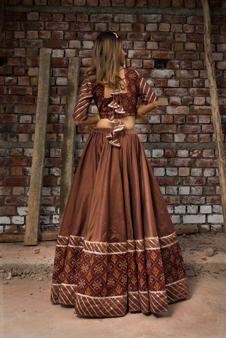 chhaya-brown-gujarati-lehenga-set-11423199BR, Women Indian Ethnic Clothing, Cotton Silk Lehenga Choli