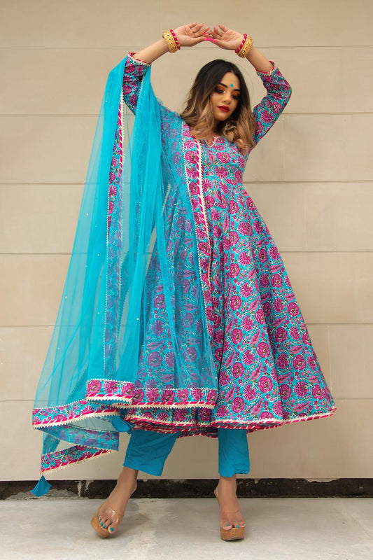 chitra-hand-block-cotton-anarkali-set-11403212BL, Women Indian Ethnic Clothing, Cotton Kurta Set Dupatta