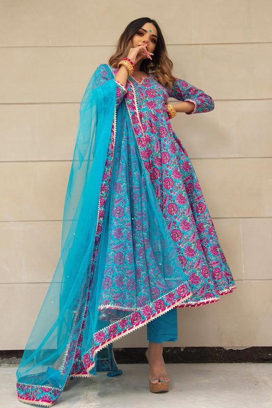 chitra-hand-block-cotton-anarkali-set-11403212BL, Women Indian Ethnic Clothing, Cotton Kurta Set Dupatta