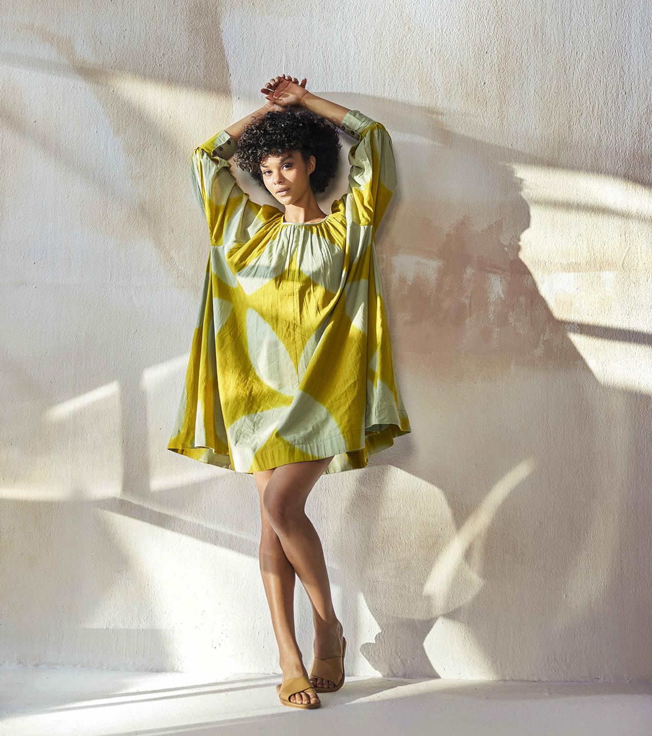clamp-dyed-mulmul-flounce-dress-11904054YL, Women Clothing, Mulmul Dress