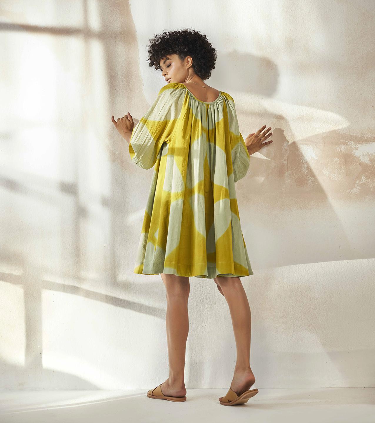 clamp-dyed-mulmul-flounce-dress-11904054YL, Women Clothing, Mulmul Dress