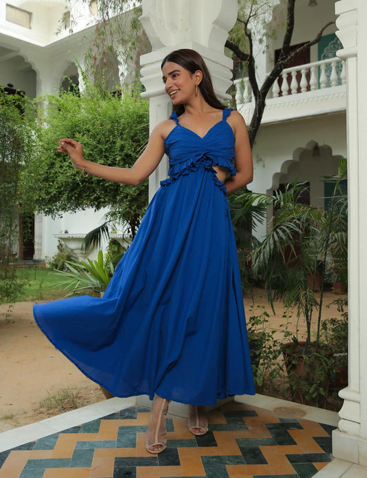 classic-blue-ruffled-waist-cut-out-maxi-dress-11704053BL, Women Clothing, Cotton Dress