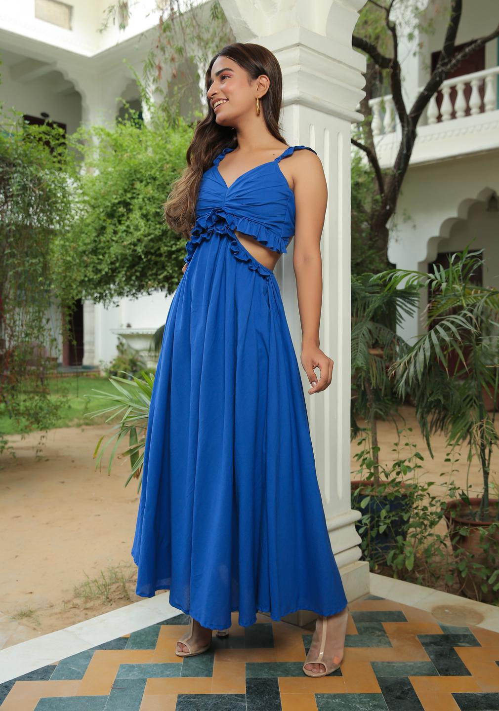 classic-blue-ruffled-waist-cut-out-maxi-dress-11704053BL, Women Clothing, Cotton Dress