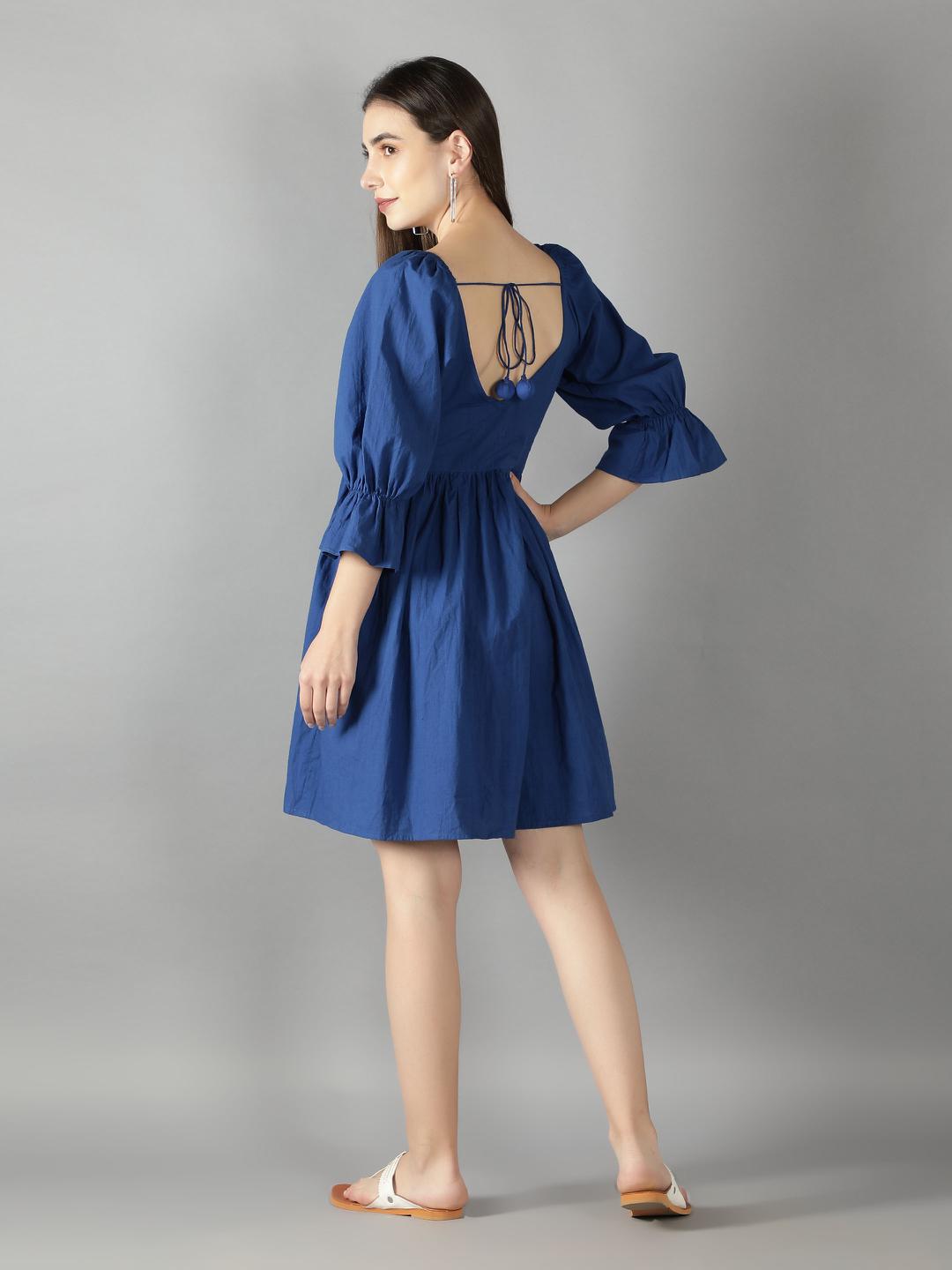 classic-blue-short-skater-dress-11704109BL, Women Clothing, Cotton Dress