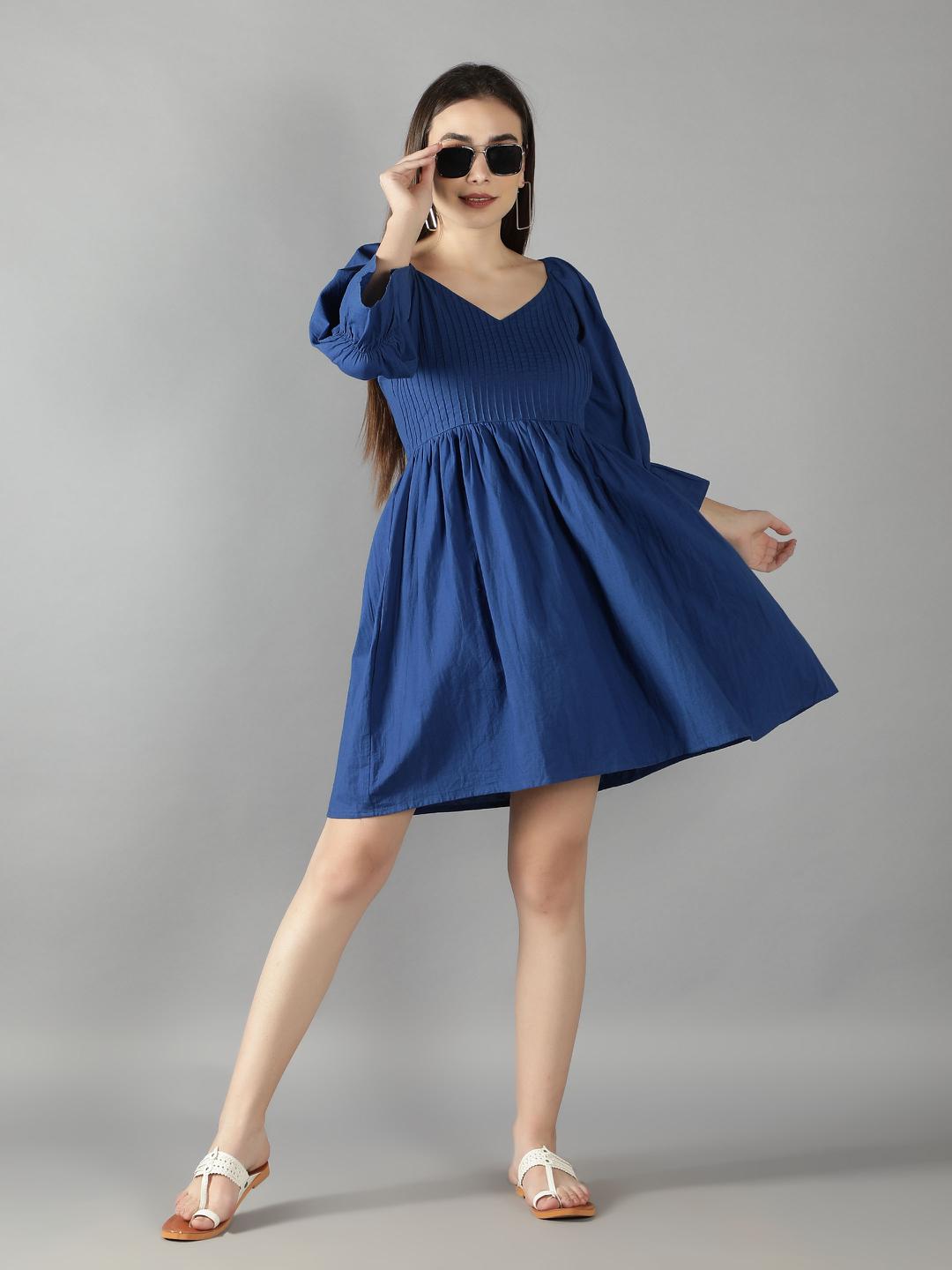 classic-blue-short-skater-dress-11704109BL, Women Clothing, Cotton Dress