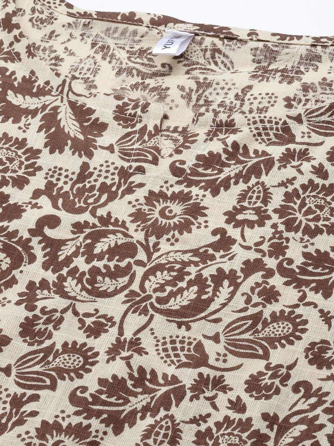 coffee-brown-beige-floral-printed-caftan-10121047BR, Women Clothing, Cotton Caftan